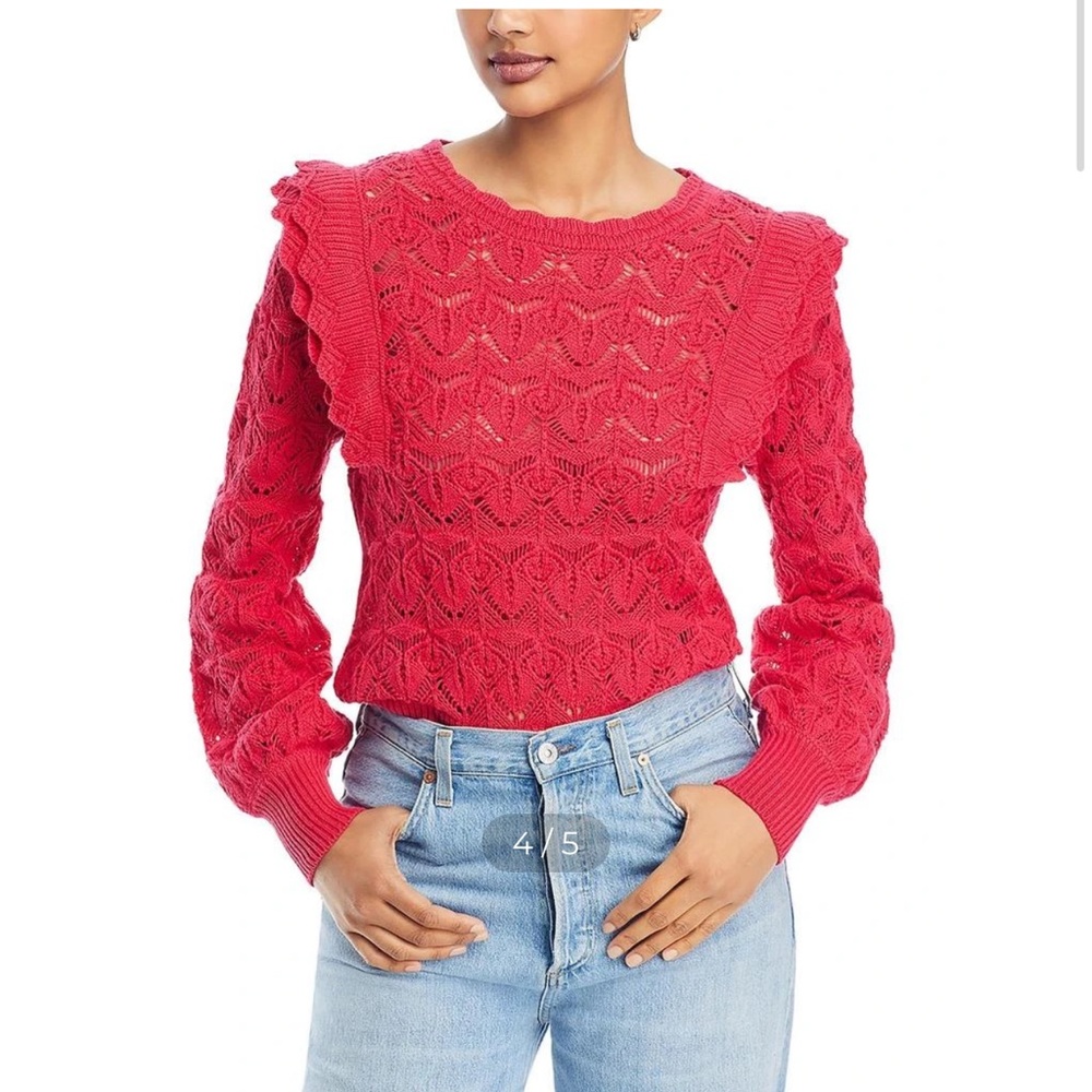 Single Thread Pink Crochet Knit Ruffle Shoulder Sweater Large Cropped Ribbed I